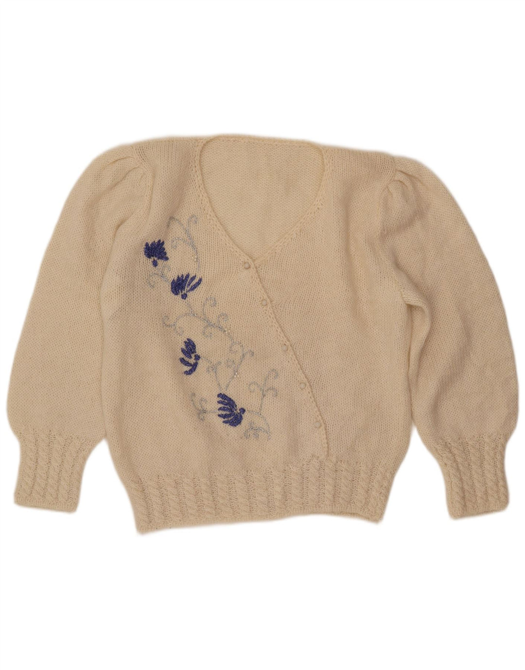 Suéter feminino VINTAGE com decote em V Reino Unido 16 grande branco floral