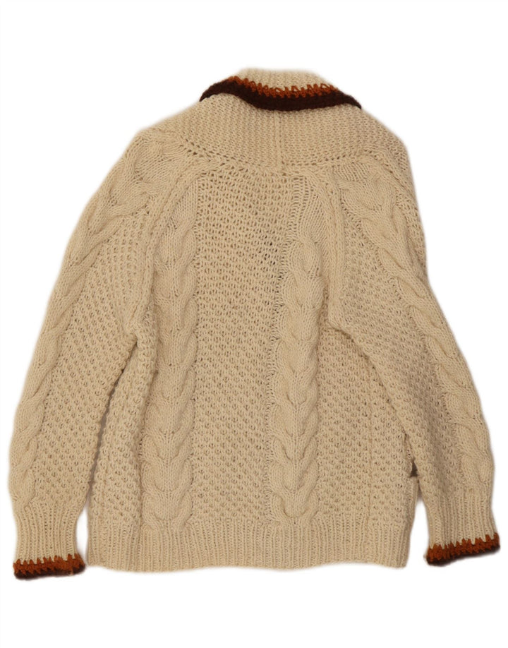 Suéter cardigã feminino vintage UK 14 médio off white colorblock