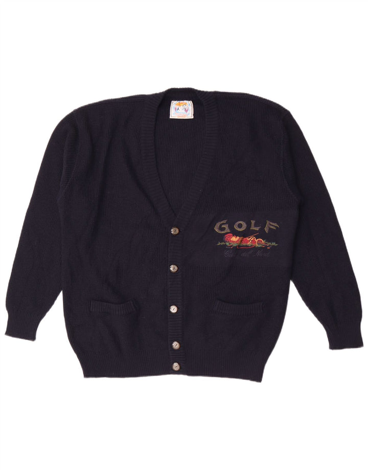 Suéter cardigã gráfico masculino vintage grande lã azul marinho