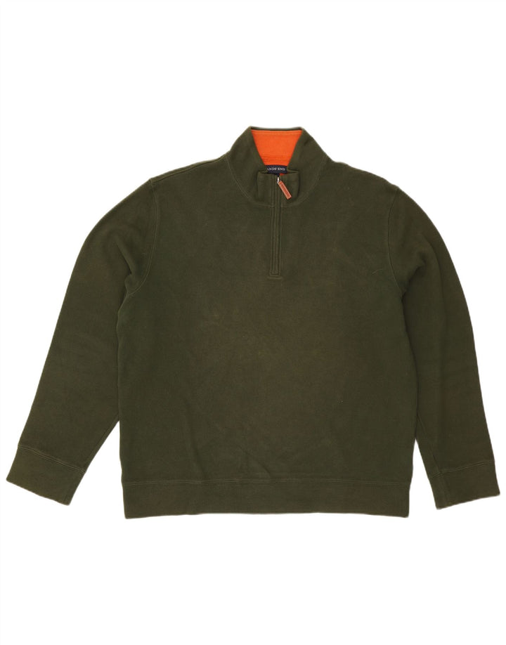 Suéter masculino Lands End com zíper e gola em algodão verde grande