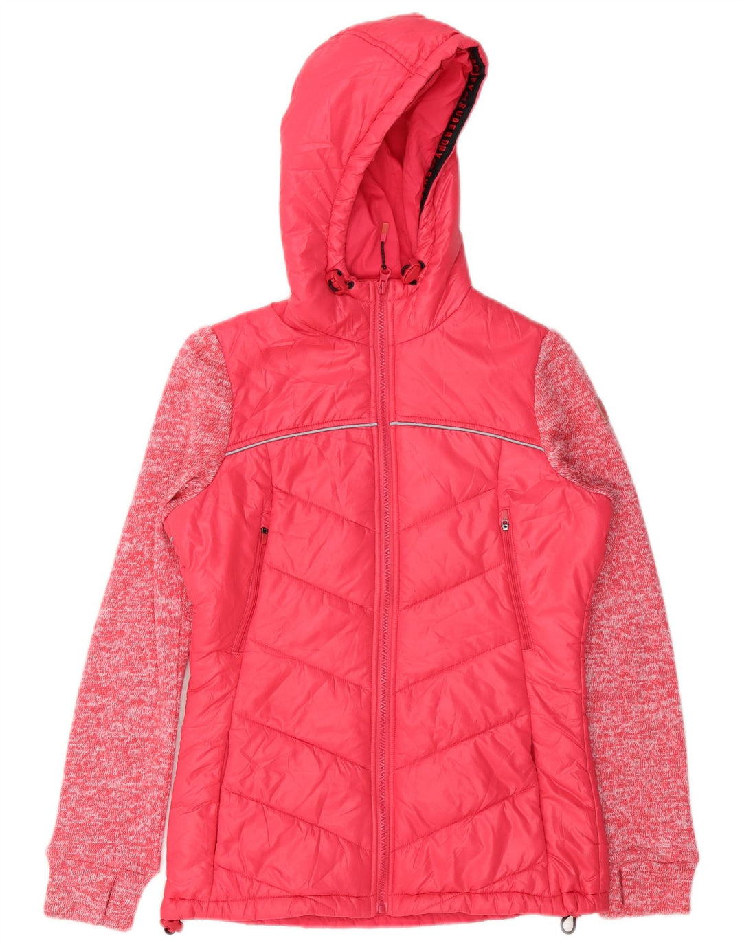 Jaqueta acolchoada com capuz feminina Superdry UK 8 poliéster manchado rosa pequeno