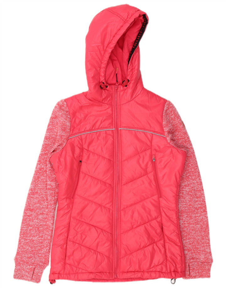 Jaqueta acolchoada com capuz feminina Superdry UK 8 poliéster manchado rosa pequeno