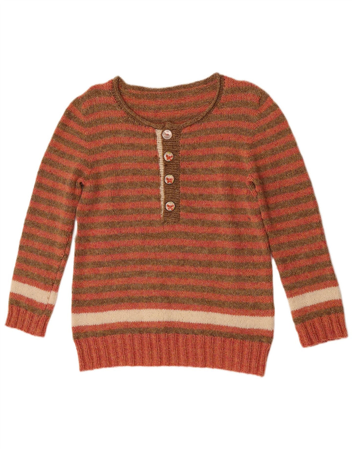 Suéter feminino vintage com gola redonda e botão UK 10 listrado vermelho pequeno