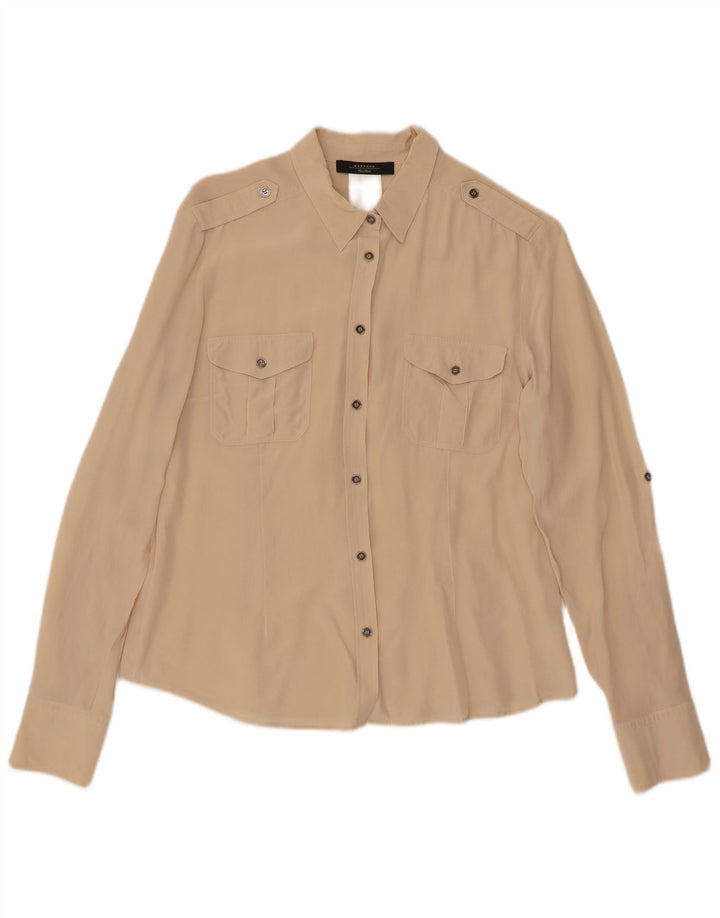 Max Mara Camisa militar feminina de manga comprida grande seda bege
