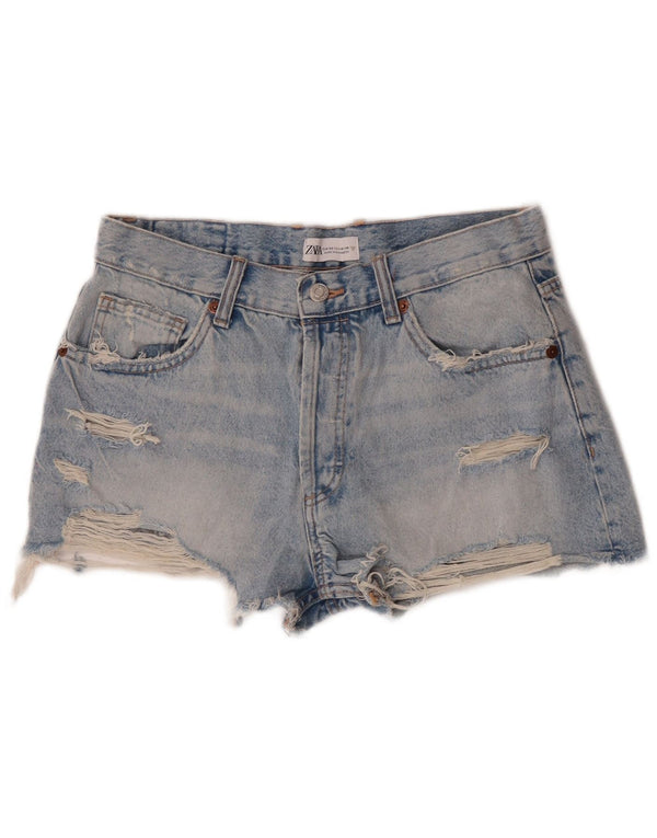 Zara Shorts jeans feminino desgastado UE 38 pequeno W28 algodão azul
