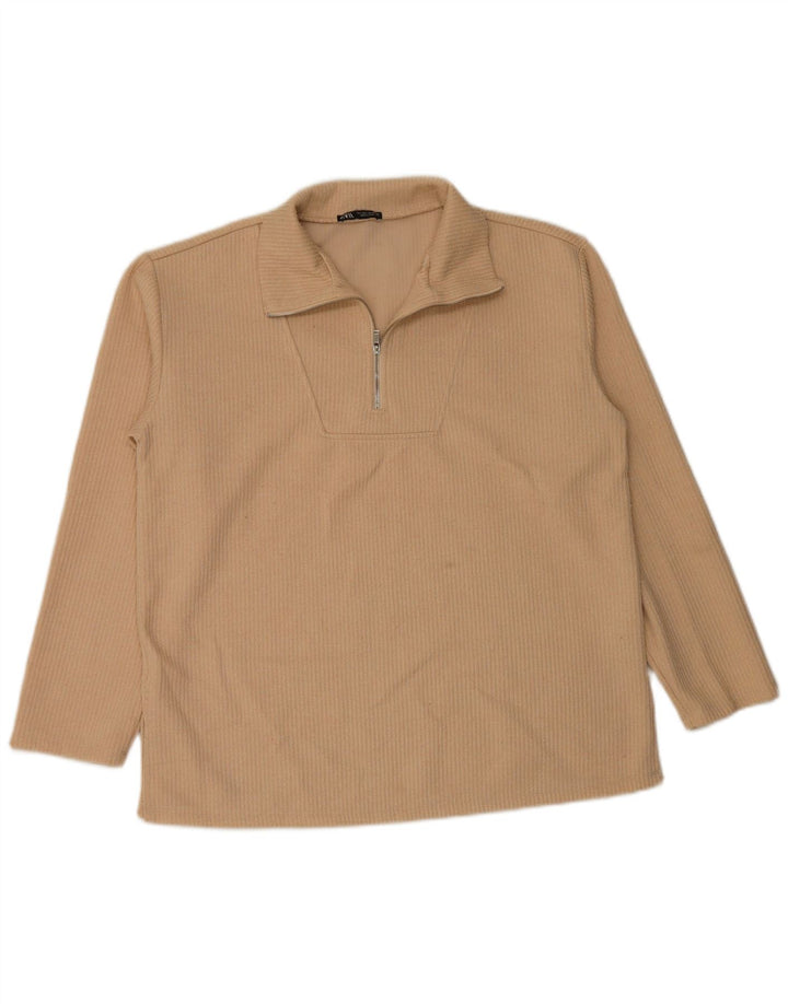 Zara Top feminino com zíper e manga comprida Reino Unido 16 grande poliéster bege