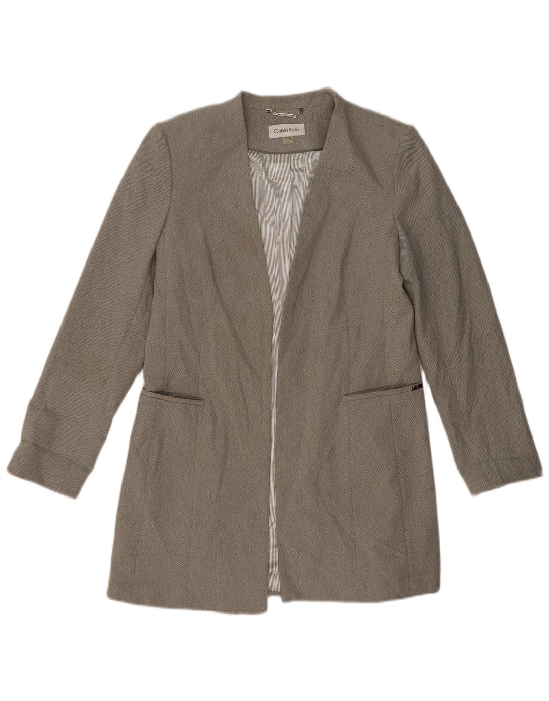 Jaqueta blazer feminina CALVIN KLEIN Longline aberta EUA 12 poliéster cinza grande