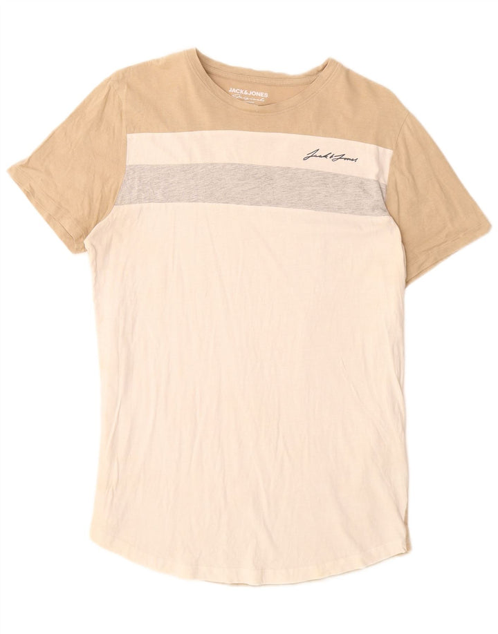 JACK & JONES Camiseta masculina Top médio branco algodão colorblock