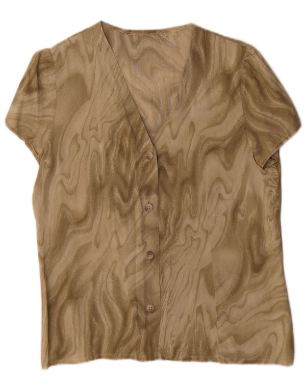 Blusa feminina vintage com estampa abstrata de manga curta UK 16 grande cáqui
