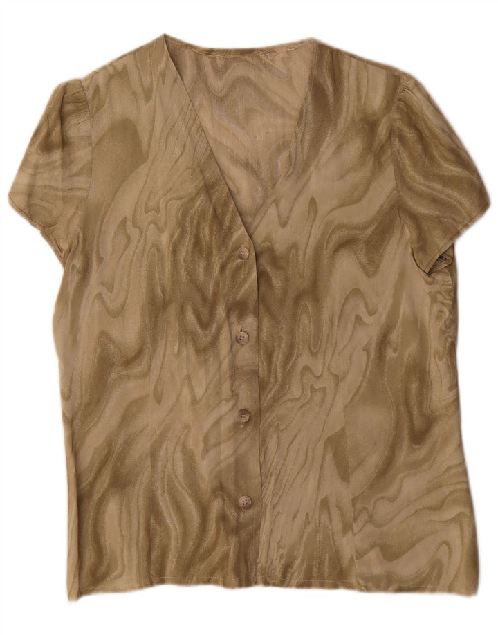 Blusa feminina vintage com estampa abstrata de manga curta UK 16 grande cáqui