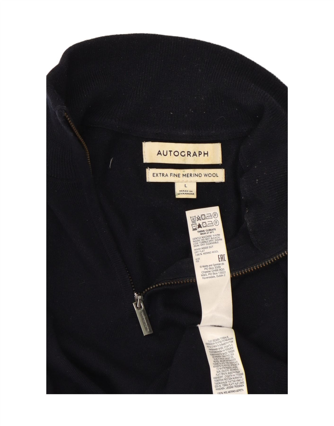 Suéter masculino Marks & Spencer com zíper e gola grande de lã azul marinho