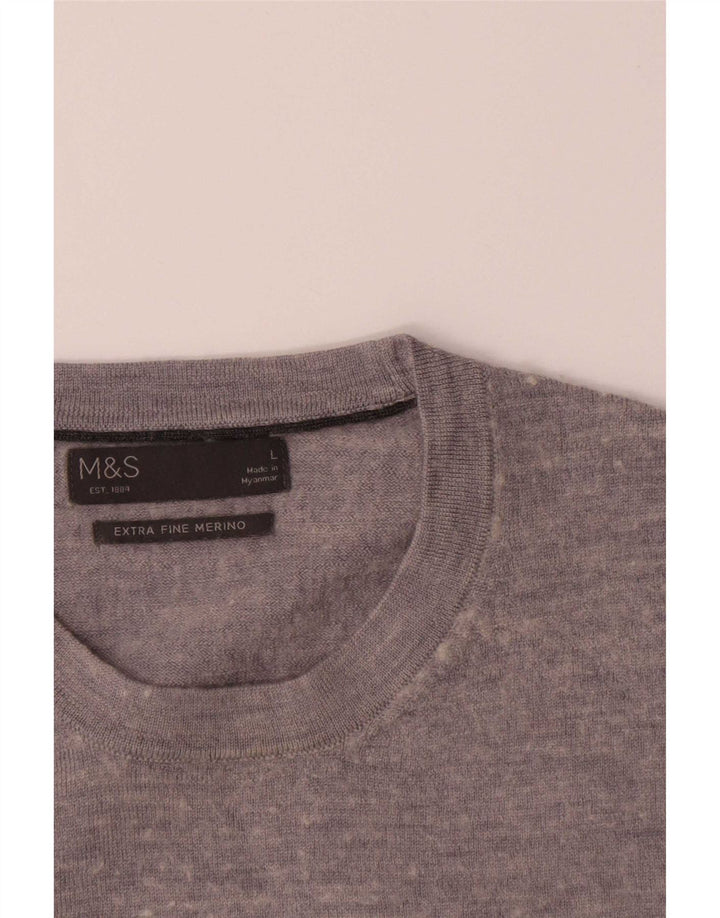 Suéter masculino Marks & Spencer com gola redonda, lã merino cinza grande