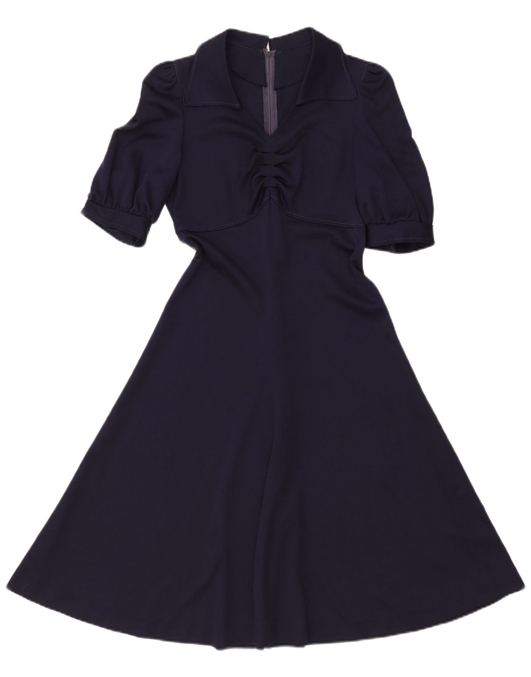 Vestido feminino VINTAGE A-Line UK 8 pequeno poliéster azul marinho