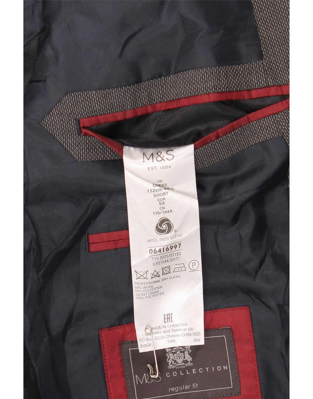 Jaqueta blazer masculina Marks & Spencer curta de 2 botões Reino Unido 44 XL lã cinza