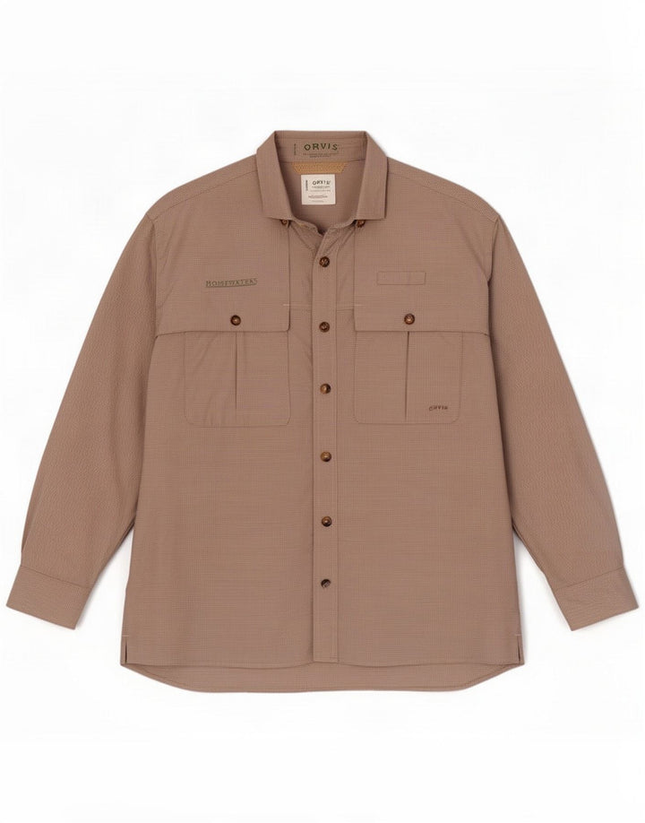 Orvis Camisa de viagem masculina grande poliéster guingão bege