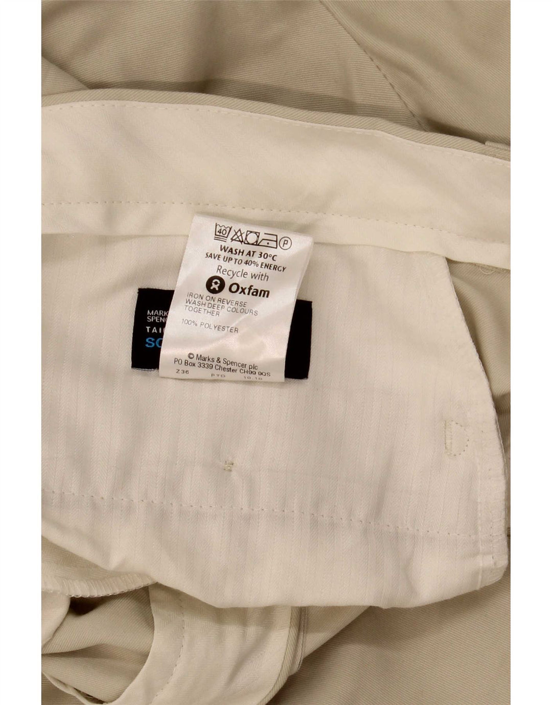 Calça chino reta masculina Marks & Spencer W34 L33 poliéster bege