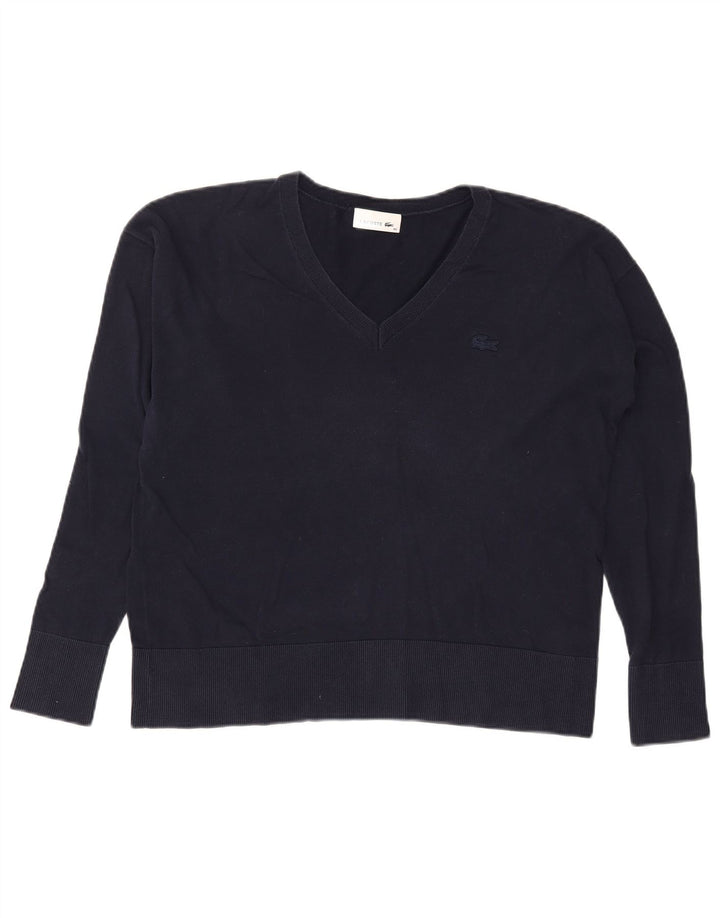 Suéter feminino Lacoste com decote em V tamanho 40 algodão azul marinho médio