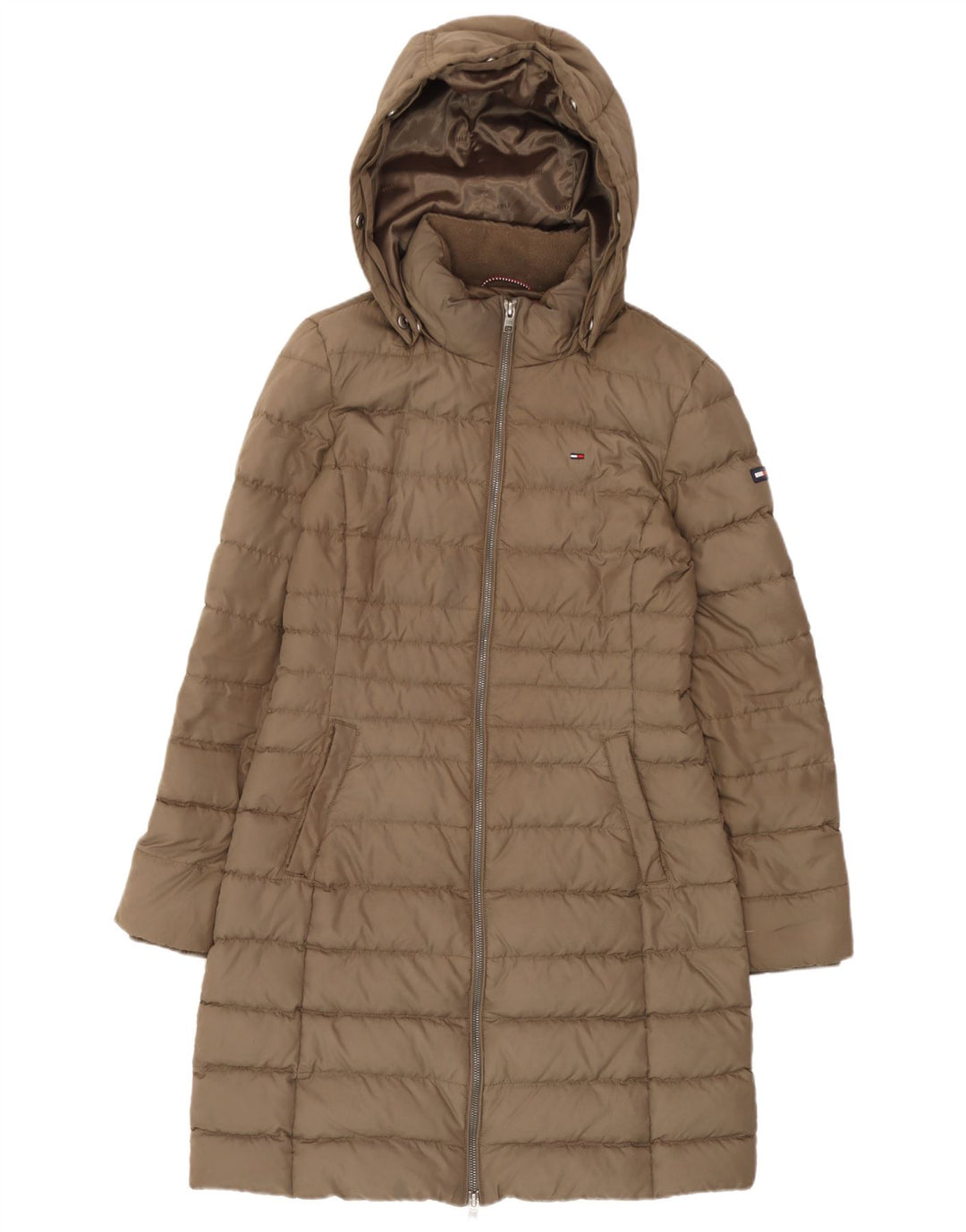 Casaco acolchoado com capuz feminino Tommy Hilfiger Reino Unido 14 poliéster bege médio