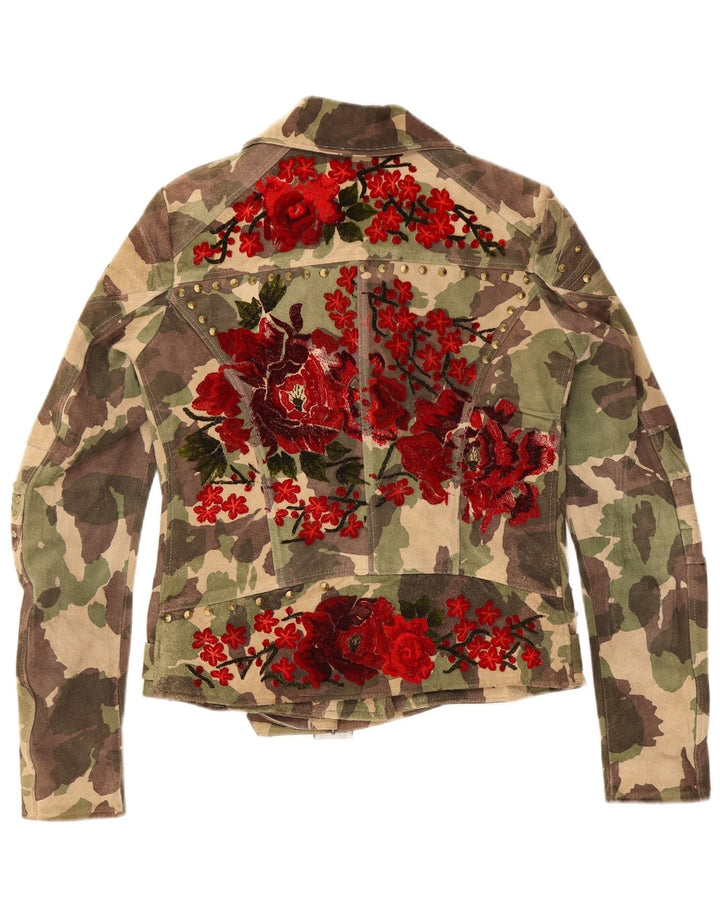 Jaqueta feminina vintage de camurça para motociclista Reino Unido 16 couro camuflado verde grande