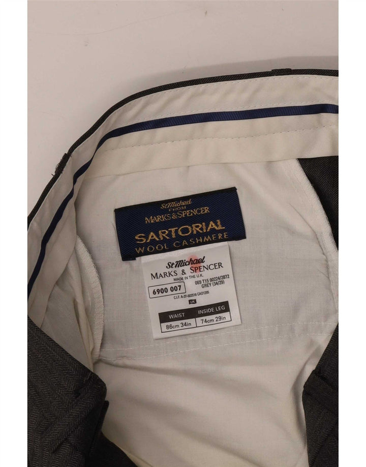 Calça masculina de terno reto Marks & Spencer W34 L29 lã cinza