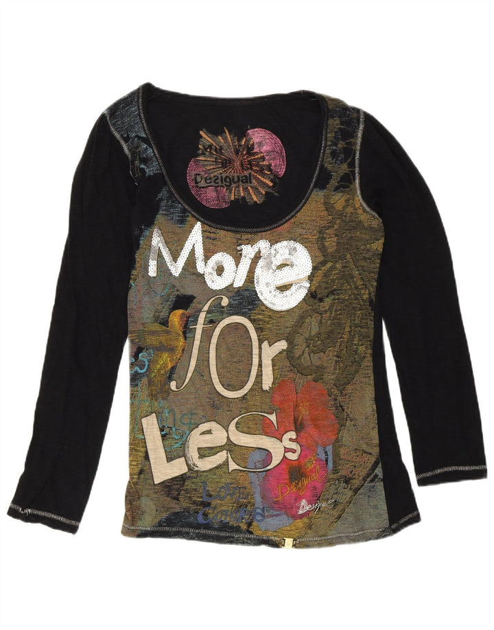 DESIGUAL Top gráfico feminino manga comprida UK 12 médio preto designer