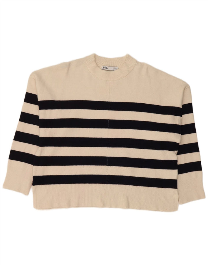 Suéter feminino Zara com gola redonda grande e listrado branco pequeno Reino Unido 10