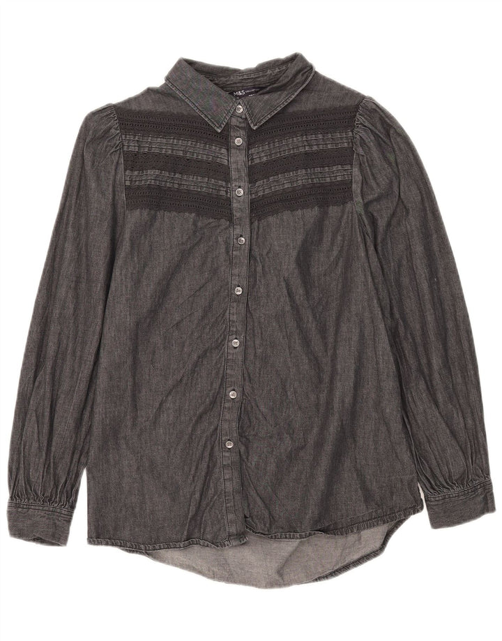 Camisa jeans feminina Marks & Spencer UK 12 algodão listrado preto médio