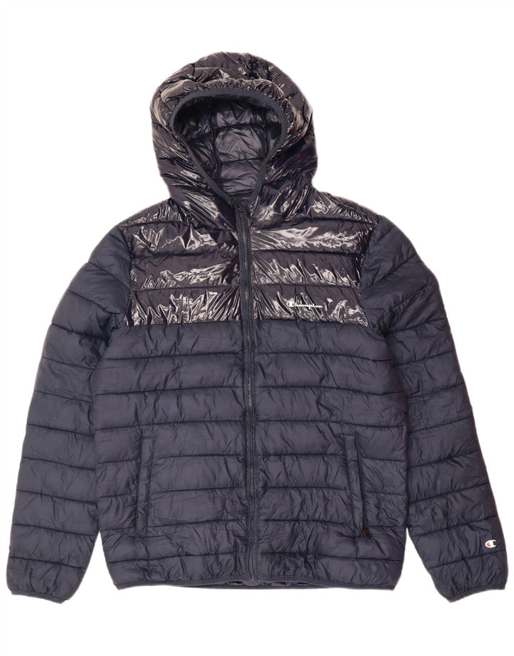 CHAMPION Mens Graphic Hooded Padded Jacket UK 42 XL Blue Vintage Champion and Second-Hand Champion from Messina Hembry 