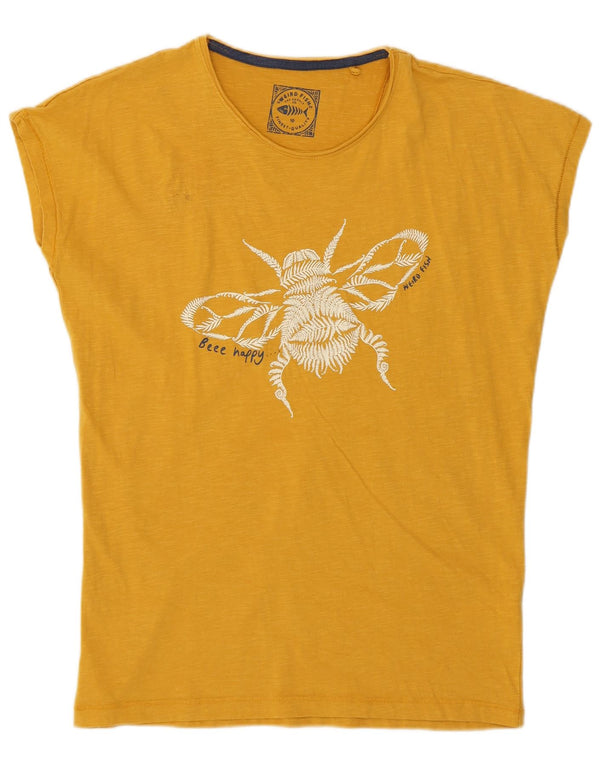 Camiseta feminina com estampa de peixe estranho UK 10 algodão amarelo pequeno