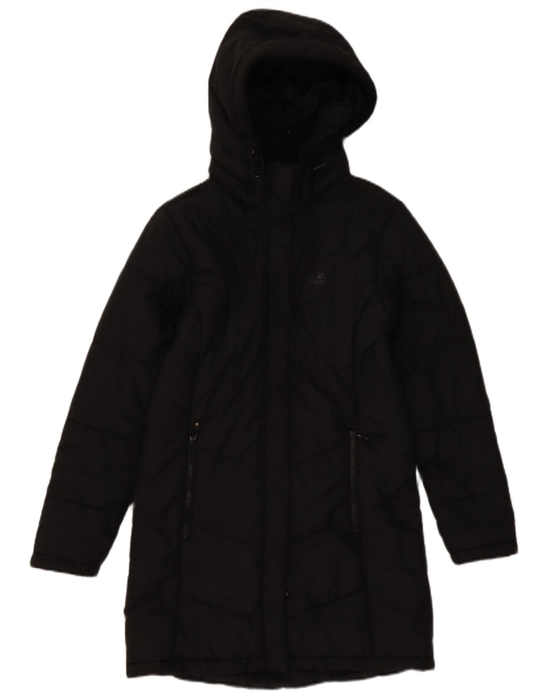 Casaco acolchoado com capuz feminino Jack Wolfskin Reino Unido 8/10 pequeno poliéster preto