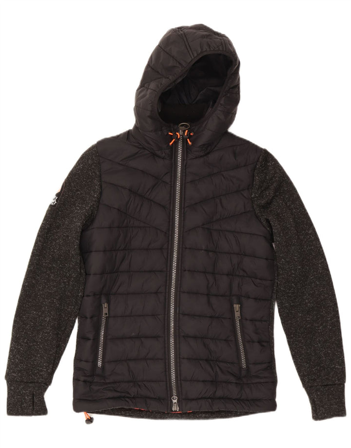 Jaqueta acolchoada com capuz feminina Superdry UK 14 poliéster manchado preto médio