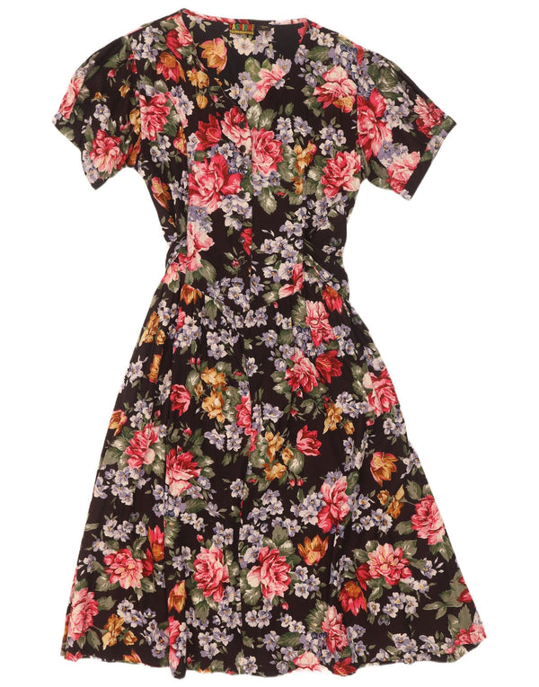 Vestido vintage feminino evasê UK 18 XL preto floral viscose