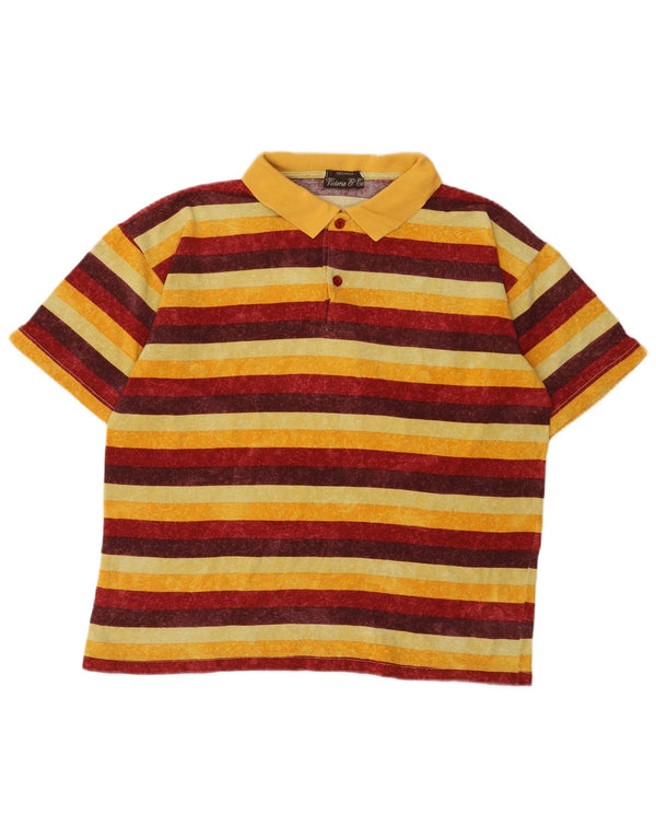 Camisa polo masculina vintage de algodão listrado multicolorido médio