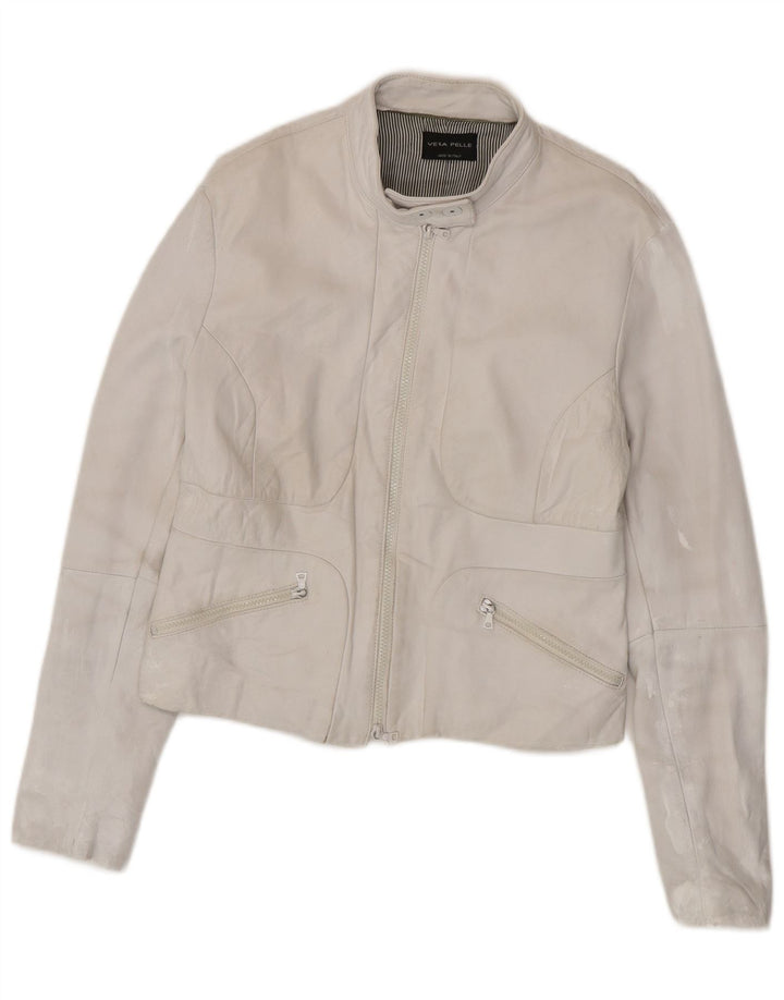 Jaqueta de couro vintage feminina UK 18 XL em couro branco