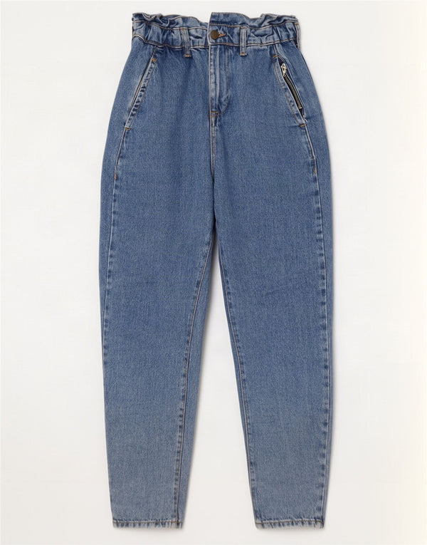 Calça jeans feminina Zara com cintura alta e cintura alta EU 32 2XS W22 L25 algodão azul