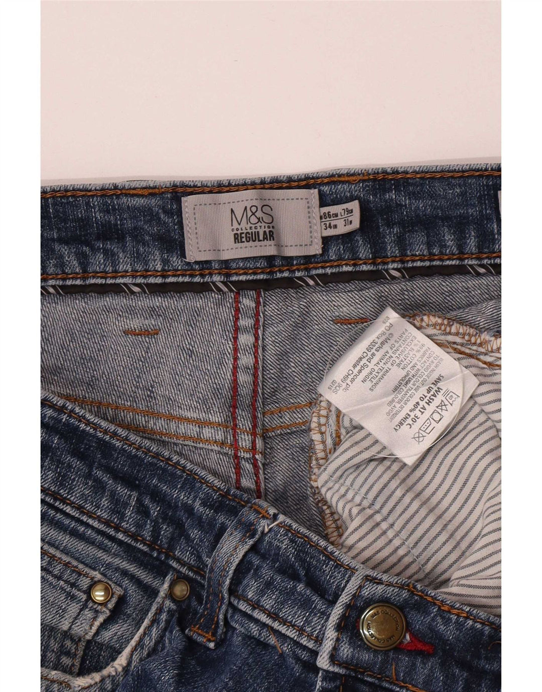 Calça jeans reta regular masculina Marks & Spencer W34 L29 algodão azul