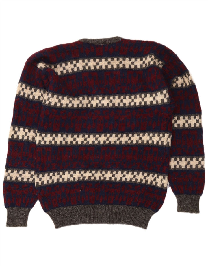Suéter masculino vintage com decote em V, lã geométrica multicolorida média