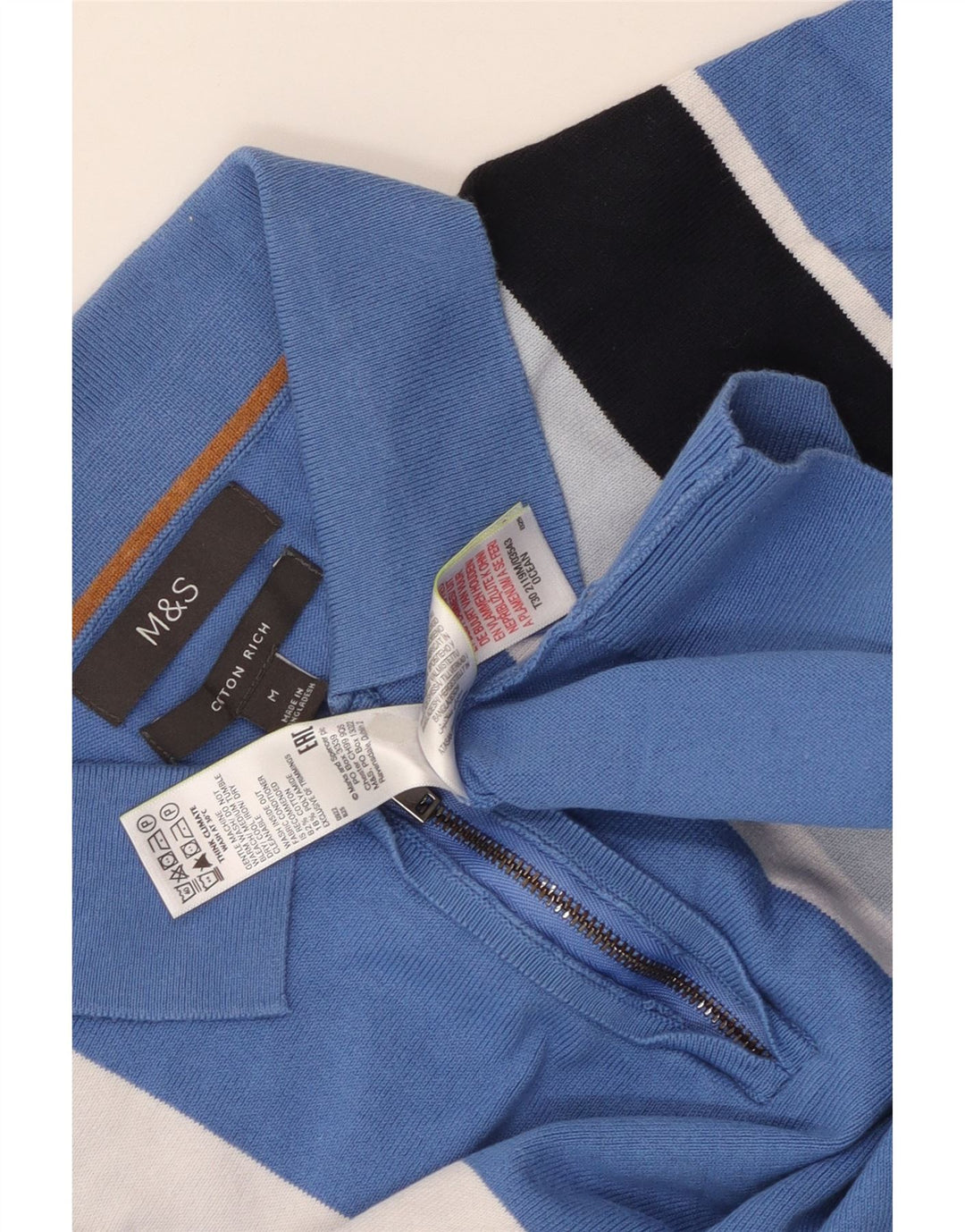 Suéter masculino Marks & Spencer com gola polo e algodão listrado azul médio