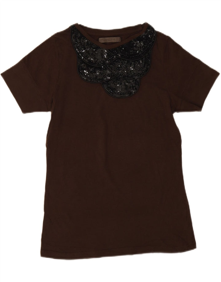 Camiseta feminina Zara UK 12 marrom médio