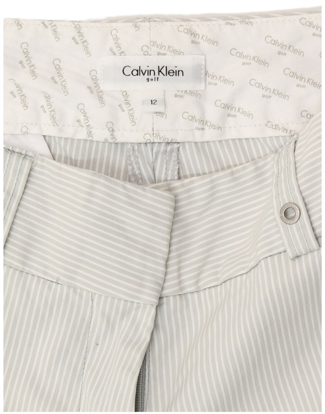 Calça cropped feminina Calvin Klein para golfe US 12 médio W30 L23 cinza listrado