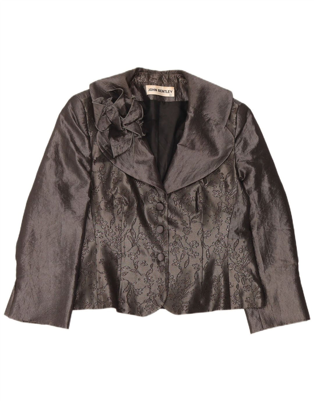 Cardigan feminino JOHN BENTLEY Reino Unido 14 grande poliéster floral cinza