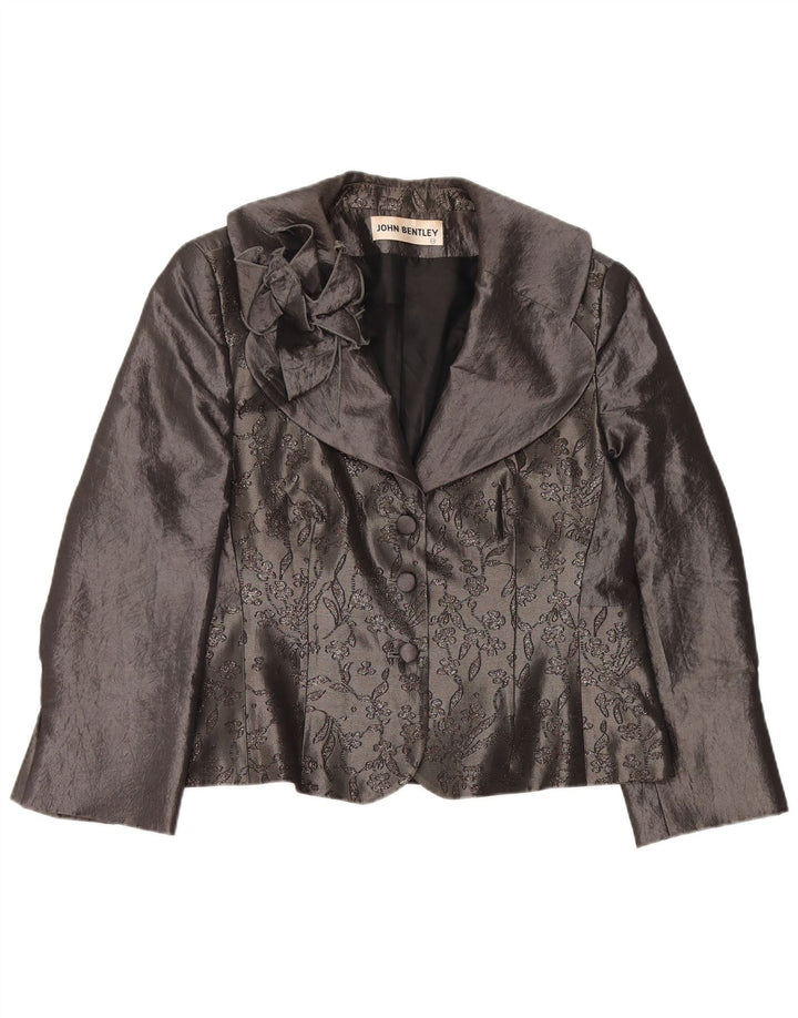 Cardigan feminino JOHN BENTLEY Reino Unido 14 grande poliéster floral cinza