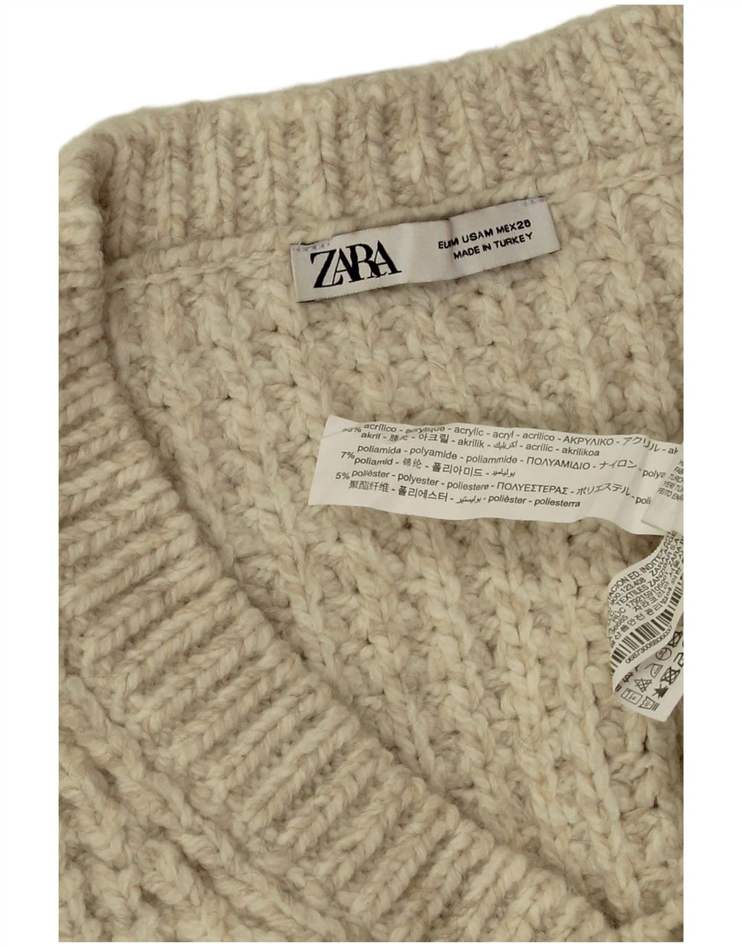 Suéter feminino Zara com decote em V superdimensionado Reino Unido 14 acrílico bege médio