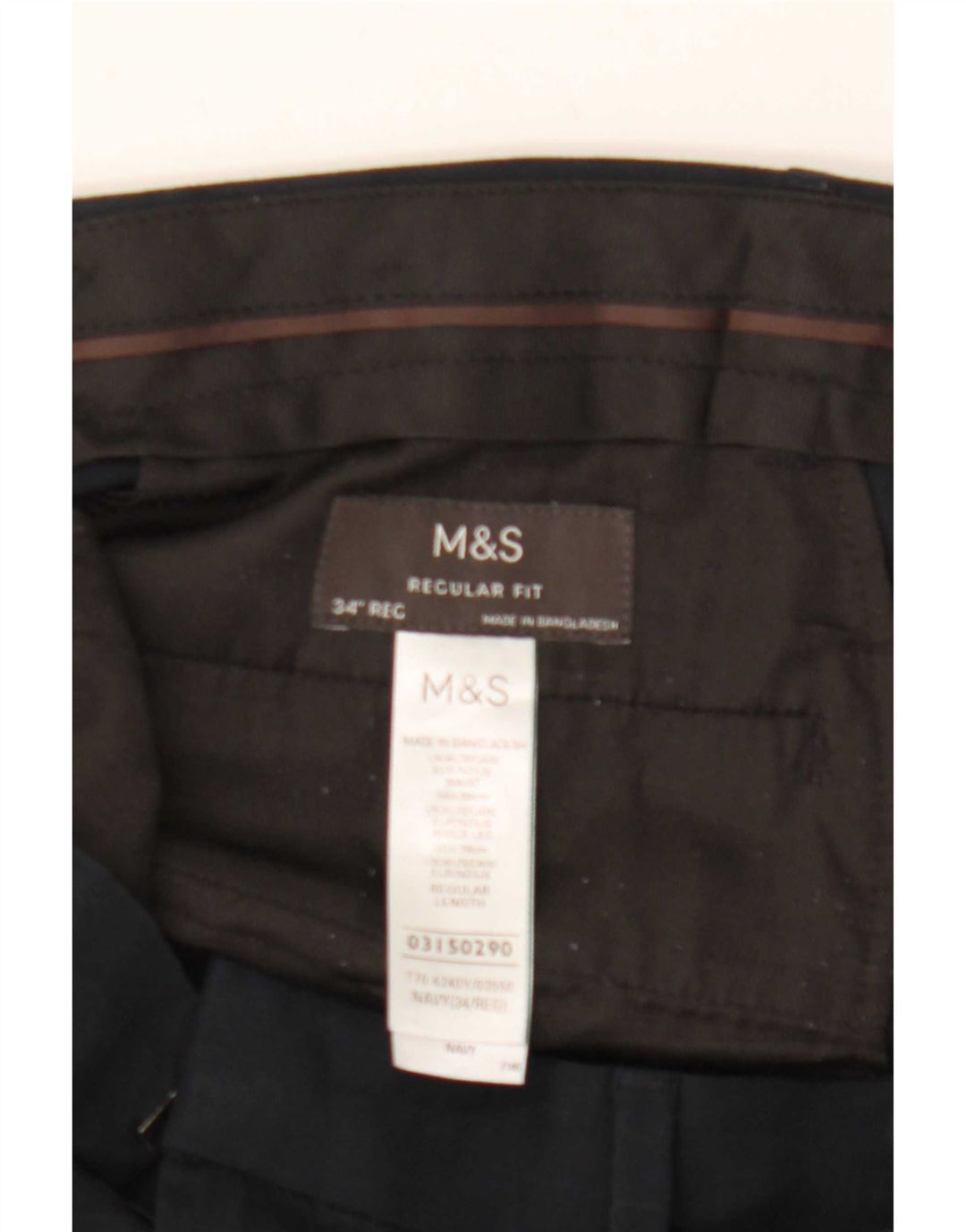 Calça masculina de ajuste regular Marks & Spencer W34 L31 azul marinho poliéster