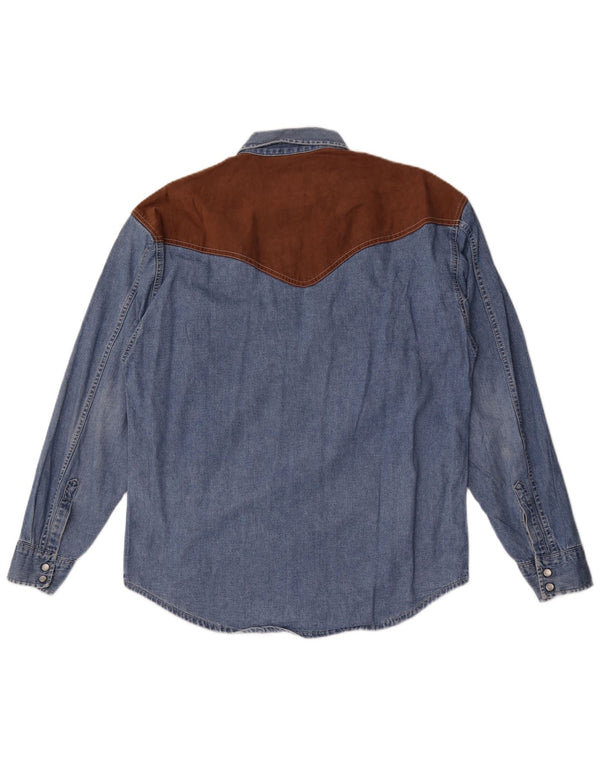 Camisa jeans vintage masculina ocidental, algodão colorblock azul médio