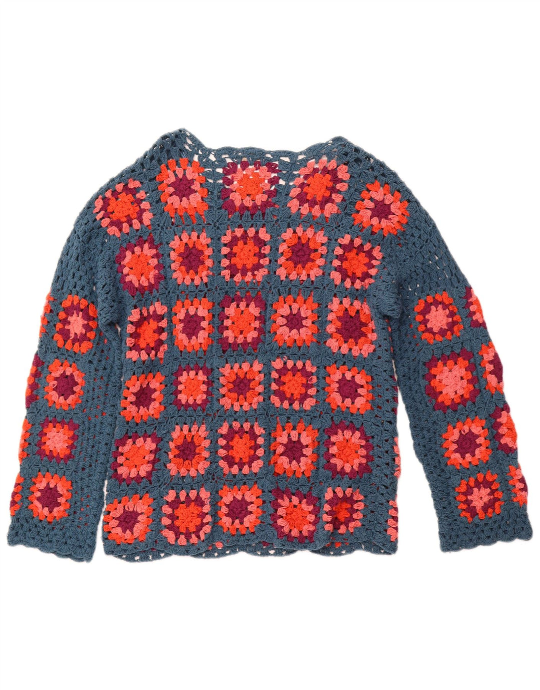 Suéter feminino de crochê com gola canoa MONSOON Reino Unido 10 pequeno xadrez azul