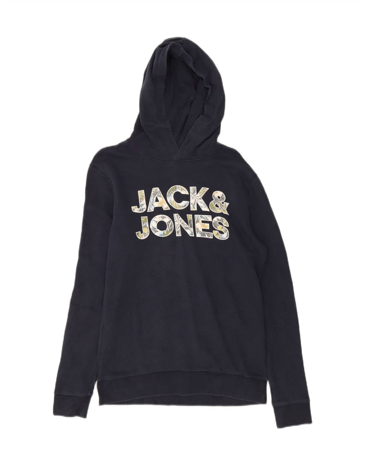 JACK & JONES Mens Graphic Hoodie Jumper Medium Navy Blue Cotton Vintage Jack & Jones and Second-Hand Jack & Jones from Messina Hembry 