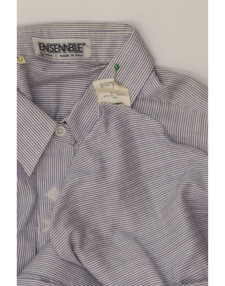 Camisa feminina vintage Reino Unido 14 algodão listrado azul médio