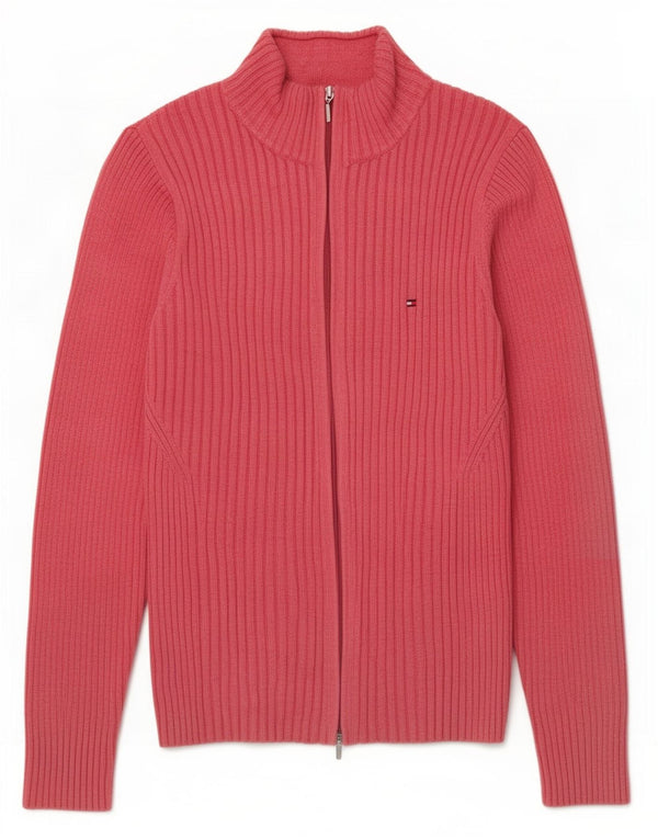 Suéter cardigã feminino com zíper completo Tommy Hilfiger Reino Unido 12 algodão rosa médio