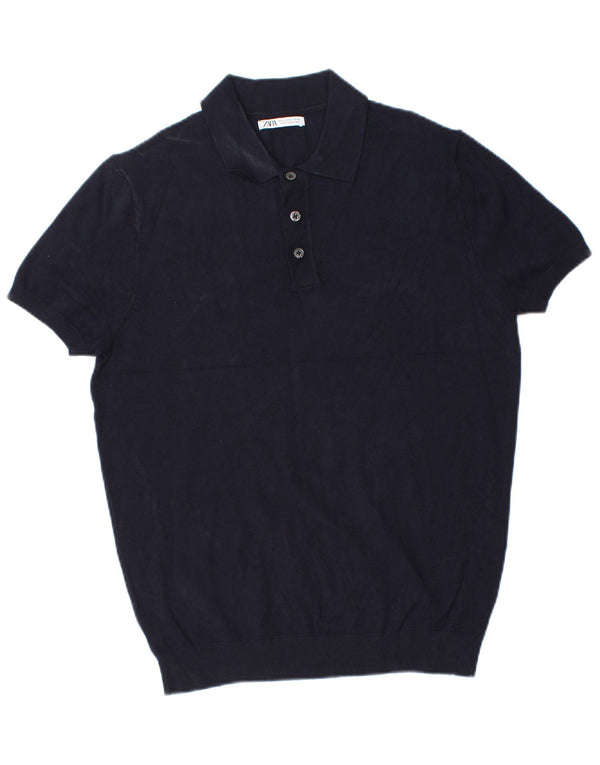 Zara Suéter masculino de manga curta com gola polo e viscose azul marinho médio